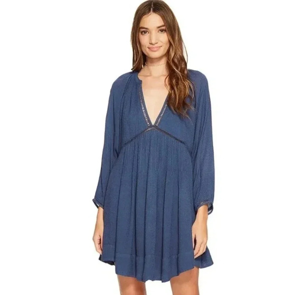 Free People Dresses & Skirts - Free People Go Lightly Swing Babydoll Boho Blue  Women's Mini Dress Size Small.